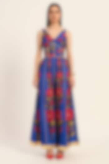 Ink Blue Dola Silk Digital Printed & Floral Artwork Jumpsuit by RUHR INDIA at Pernia's Pop Up Shop