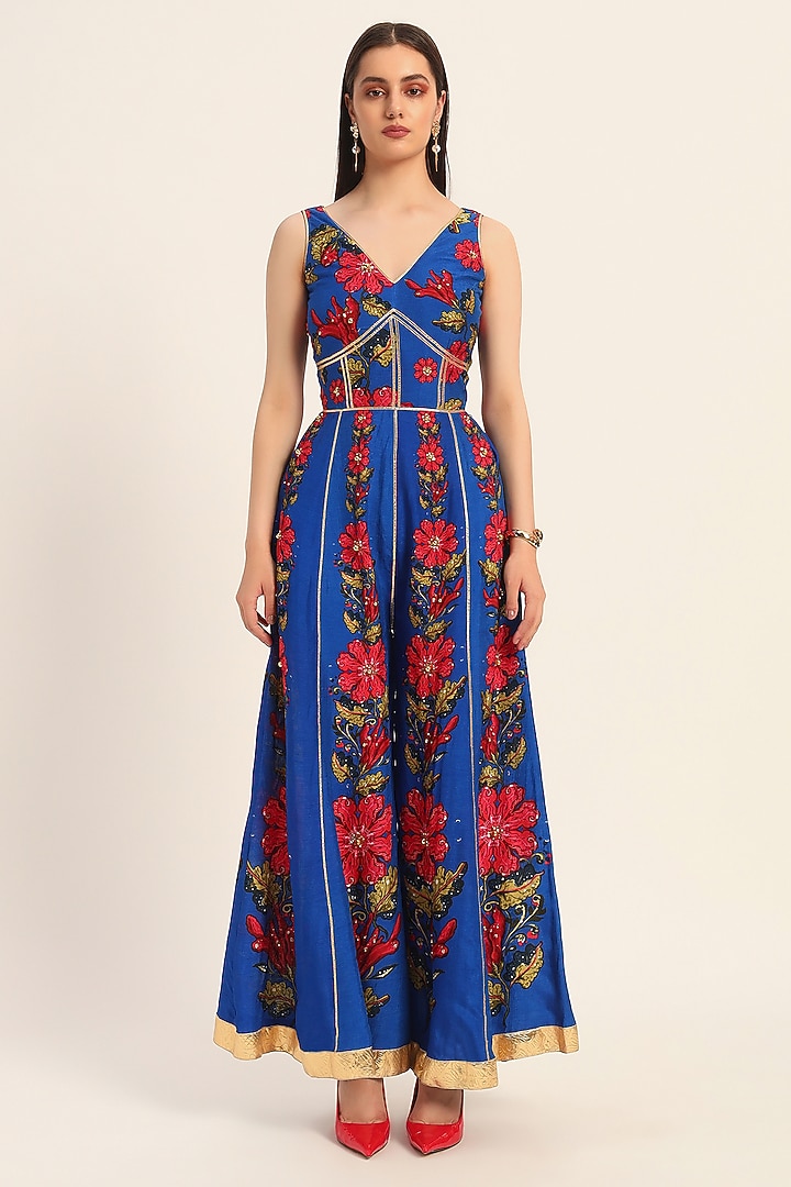 Ink Blue Dola Silk Digital Printed & Floral Artwork Jumpsuit by RUHR INDIA at Pernia's Pop Up Shop