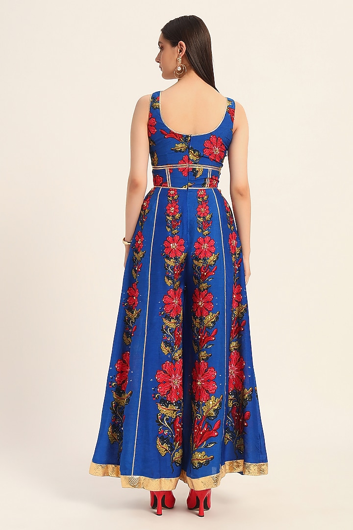 Ink Blue Dola Silk Digital Printed & Floral Artwork Jumpsuit by RUHR INDIA at Pernia's Pop Up Shop