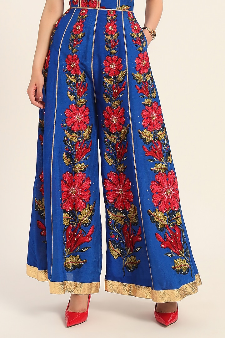 Ink Blue Dola Silk Digital Printed & Floral Artwork Jumpsuit by RUHR INDIA at Pernia's Pop Up Shop