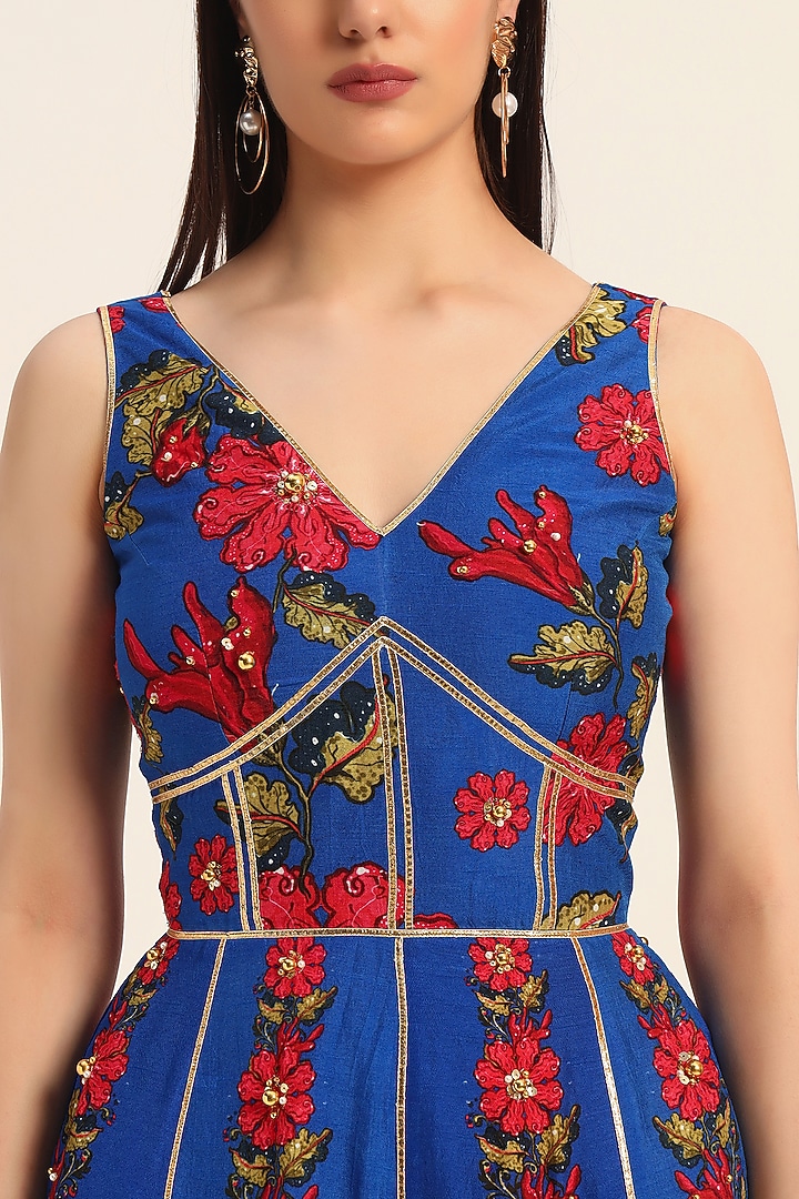 Ink Blue Dola Silk Digital Printed & Floral Artwork Jumpsuit by RUHR INDIA at Pernia's Pop Up Shop