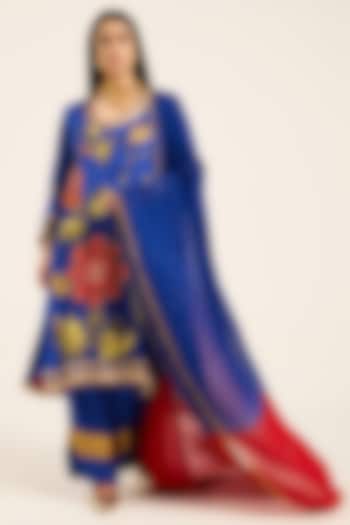 Ink Blue Satin Digital Printed & Hand Embroidered Kurta Set by RUHR INDIA at Pernia's Pop Up Shop