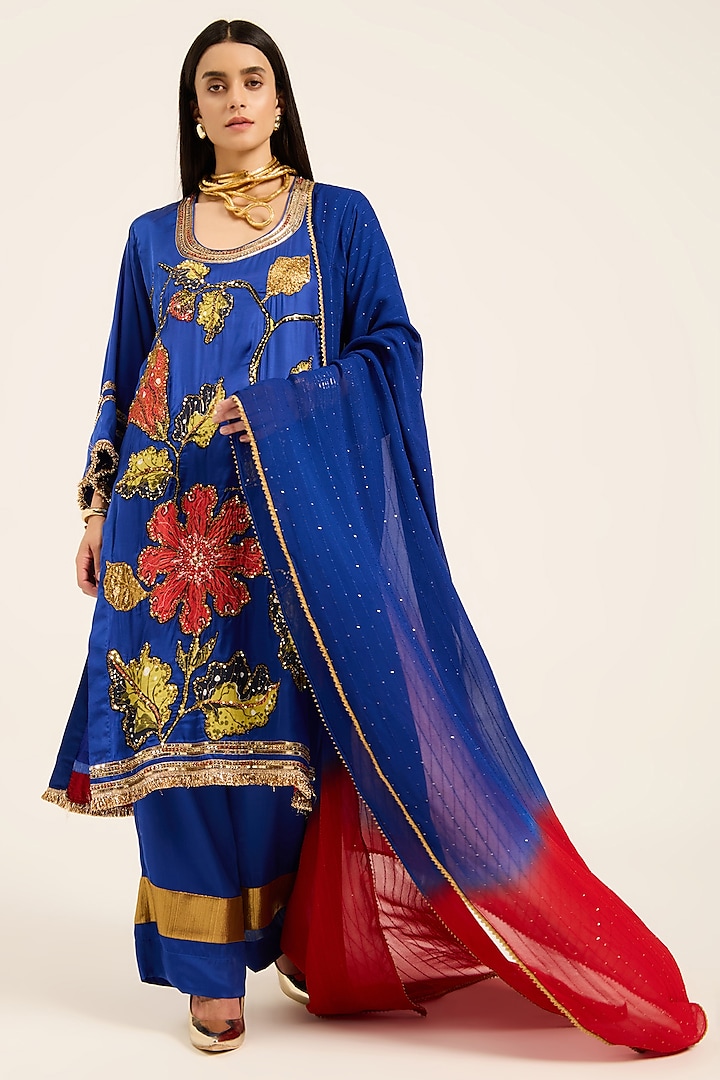 Ink Blue Satin Digital Printed & Hand Embroidered Kurta Set by RUHR INDIA at Pernia's Pop Up Shop
