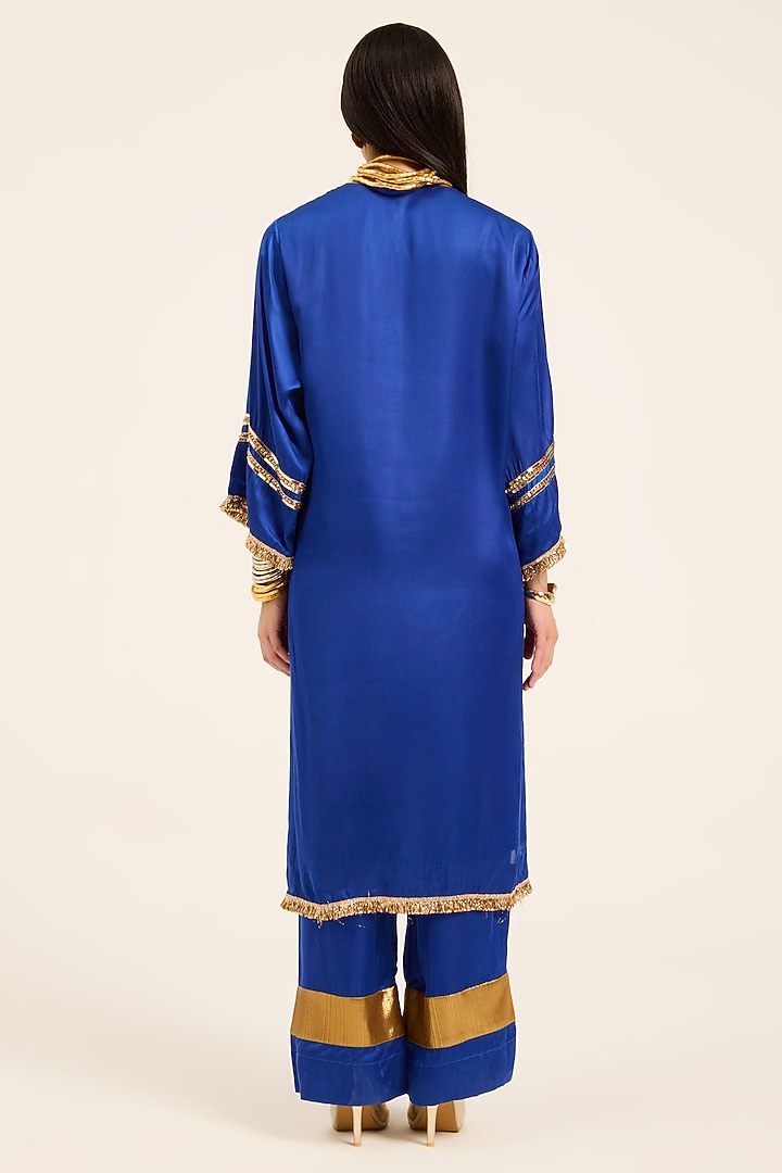 Ink Blue Satin Digital Printed & Hand Embroidered Kurta Set by RUHR INDIA at Pernia's Pop Up Shop