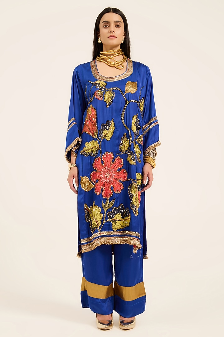 Ink Blue Satin Digital Printed & Hand Embroidered Kurta Set by RUHR INDIA at Pernia's Pop Up Shop