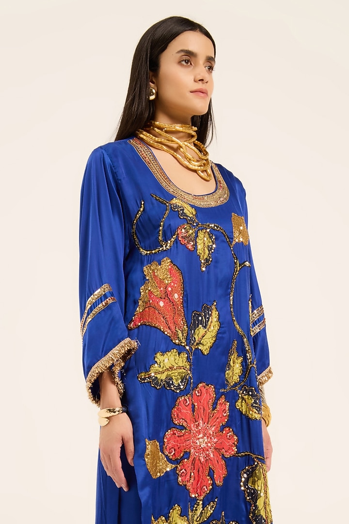 Ink Blue Satin Digital Printed & Hand Embroidered Kurta Set by RUHR INDIA at Pernia's Pop Up Shop