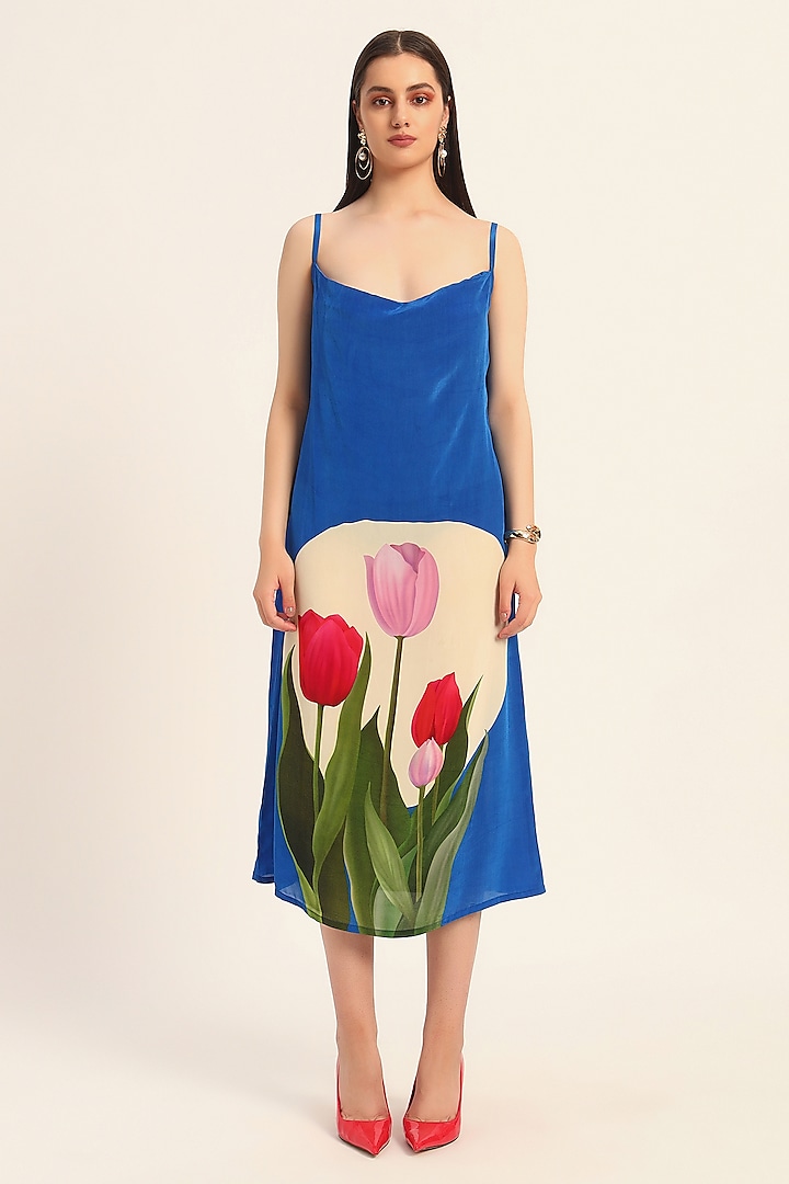 Ink Blue Crepe Digital Printed Cowl Summer Dress by RUHR INDIA at Pernia's Pop Up Shop