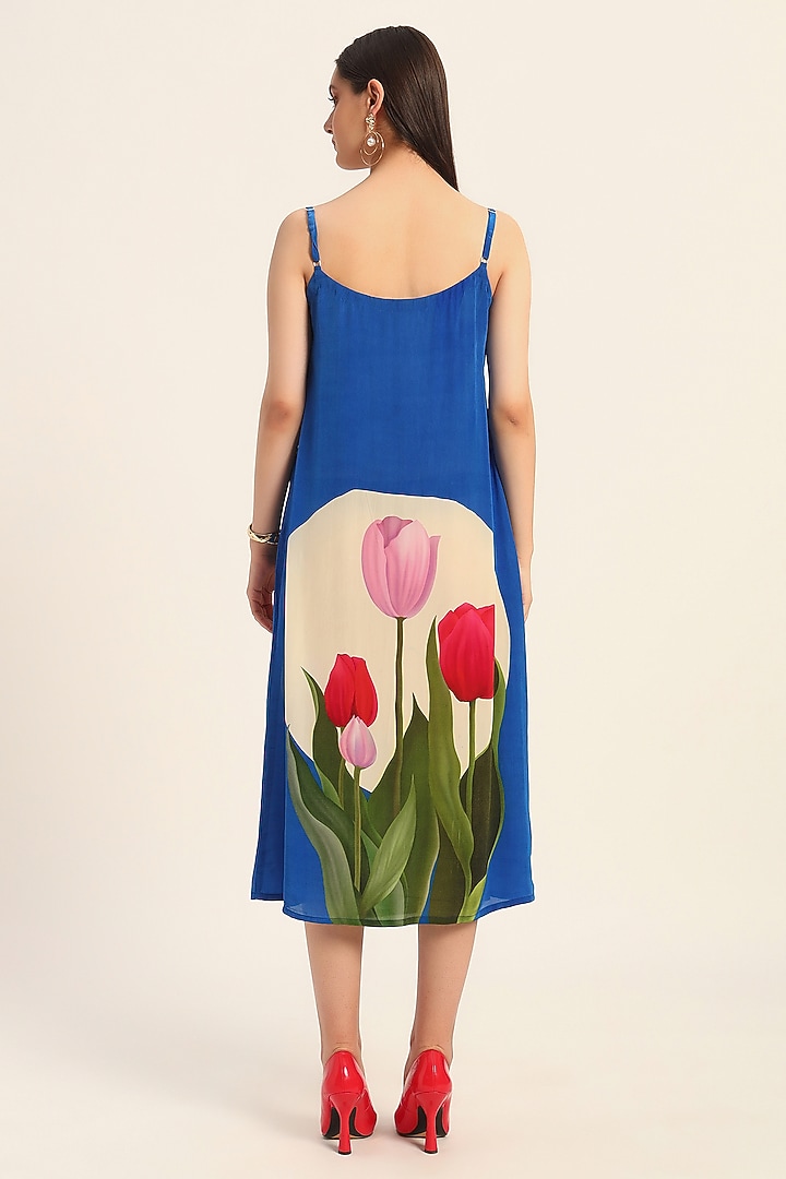 Ink Blue Crepe Digital Printed Cowl Summer Dress by RUHR INDIA at Pernia's Pop Up Shop
