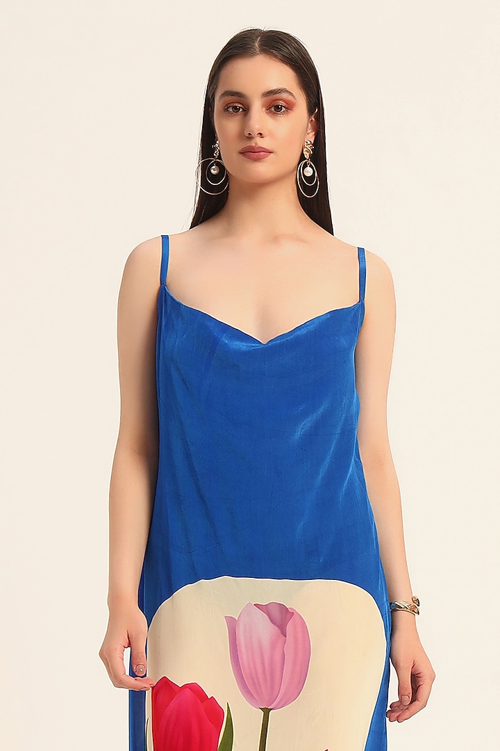 Ink Blue Crepe Digital Printed Cowl Summer Dress by RUHR INDIA at Pernia's Pop Up Shop