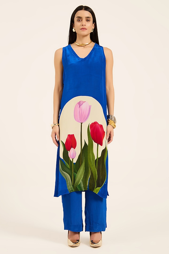 Ink Blue Crepe Digital Printed & Beadwork Straight Kurta Set by RUHR INDIA at Pernia's Pop Up Shop