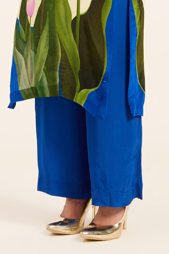 Ink Blue Crepe Digital Printed & Beadwork Straight Kurta Set by RUHR INDIA at Pernia's Pop Up Shop