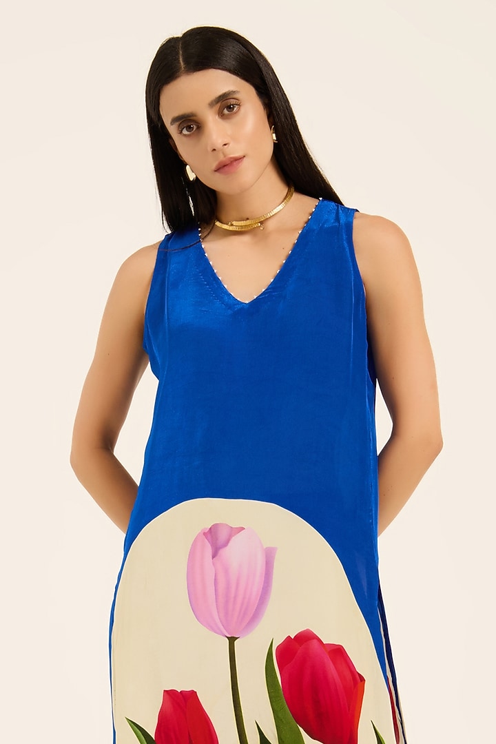 Ink Blue Crepe Digital Printed & Beadwork Straight Kurta Set by RUHR INDIA at Pernia's Pop Up Shop