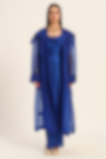 Ink Blue Organza Digital Printed Oversized Overcoat by RUHR INDIA at Pernia's Pop Up Shop