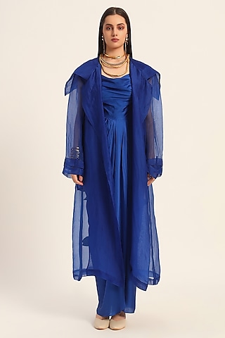 Ink Blue Organza Digital Printed Oversized Overcoat by RUHR INDIA