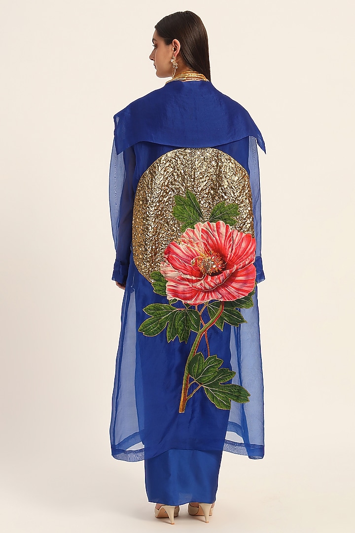 Ink Blue Organza Digital Printed Oversized Overcoat by RUHR INDIA at Pernia's Pop Up Shop