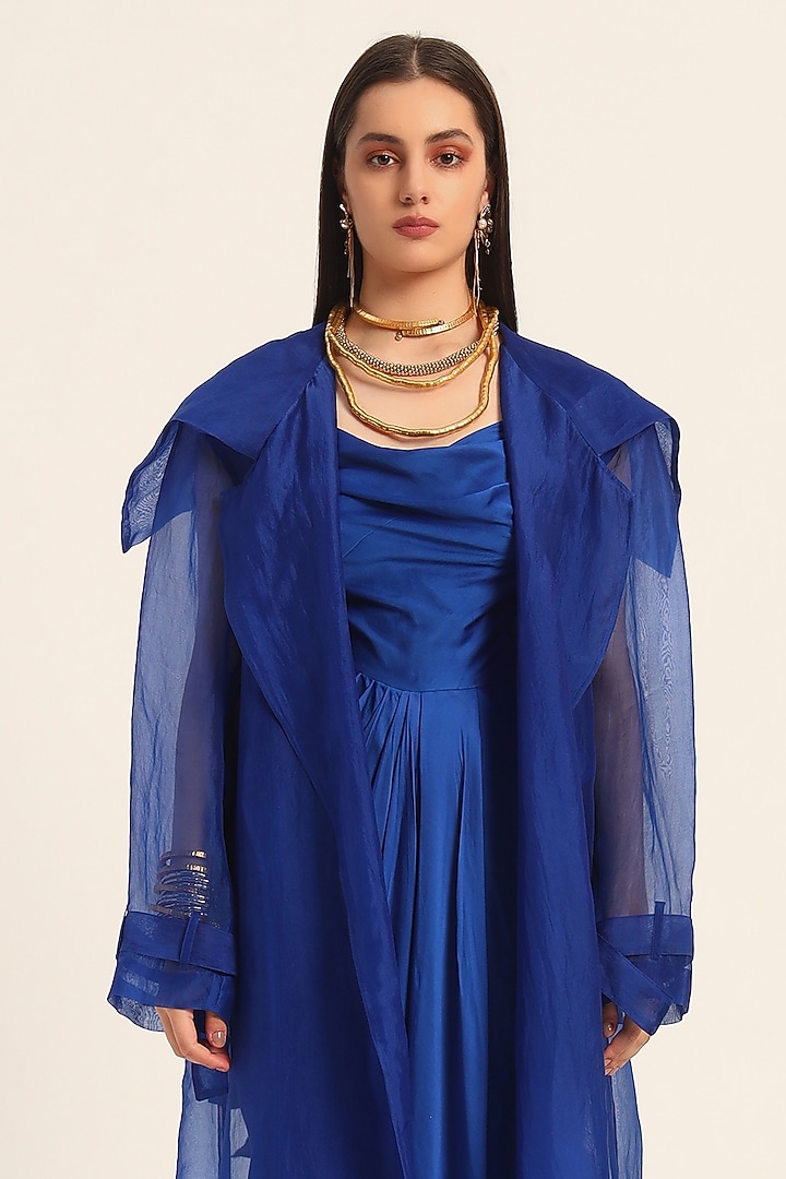 Ink Blue Organza Digital Printed Oversized Overcoat by RUHR INDIA at Pernia's Pop Up Shop