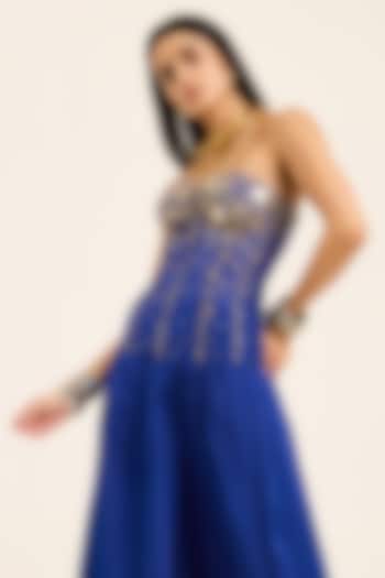 Ink Blue Sheer Organza Hand Embroidered Corset Top by RUHR INDIA at Pernia's Pop Up Shop