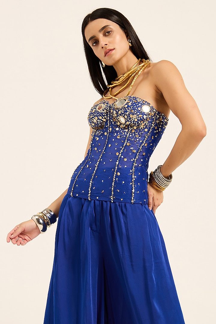 Ink Blue Sheer Organza Hand Embroidered Corset Top by RUHR INDIA at Pernia's Pop Up Shop