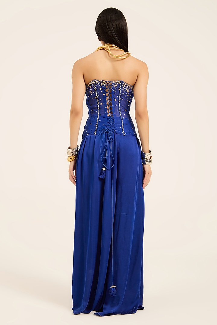 Ink Blue Sheer Organza Hand Embroidered Corset Top by RUHR INDIA at Pernia's Pop Up Shop
