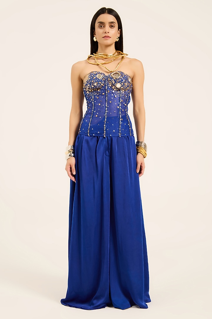 Ink Blue Sheer Organza Hand Embroidered Corset Top by RUHR INDIA at Pernia's Pop Up Shop