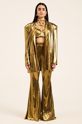 Golden Metallic Lycra Blazer Set by RUHR INDIA