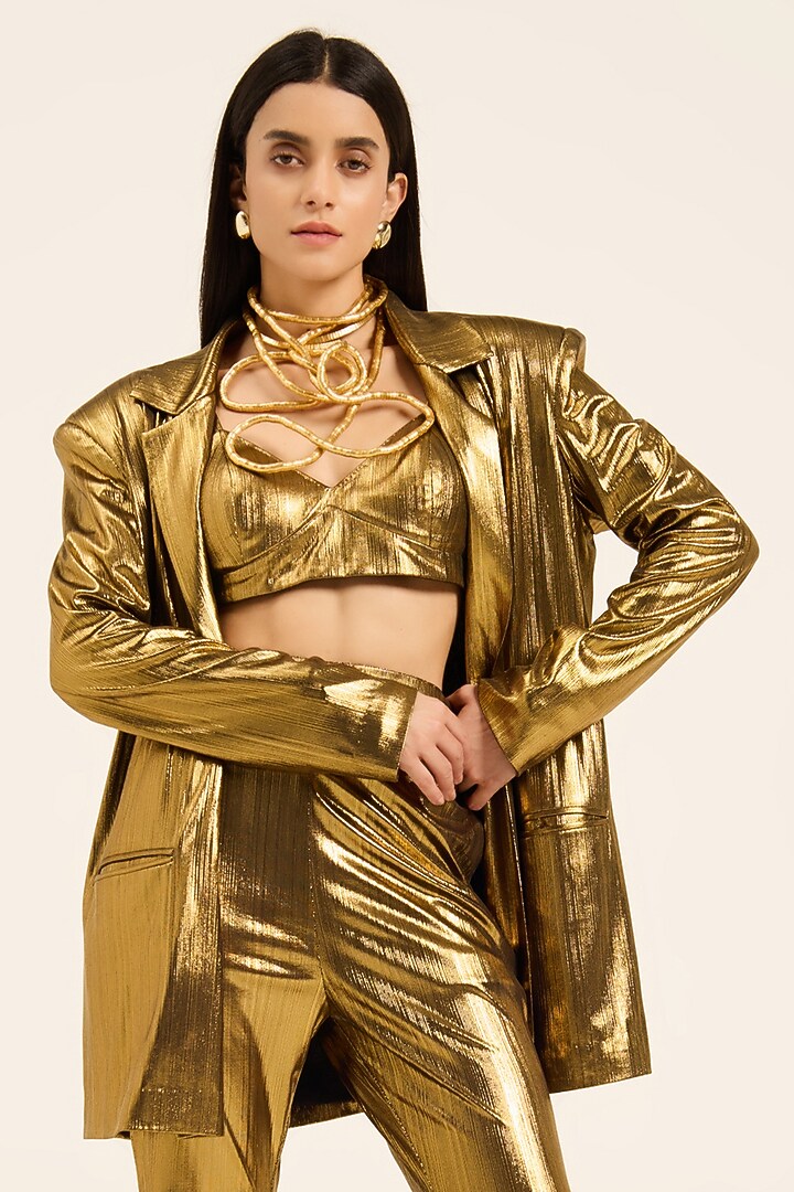 Golden Metallic Lycra Blazer Set by RUHR INDIA at Pernia's Pop Up Shop
