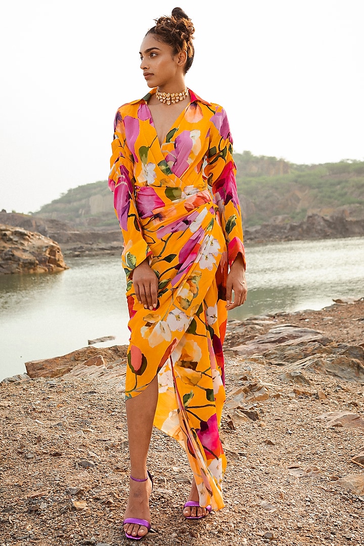 Mustard Crepe Floral Printed Draped Dress by RUHR INDIA