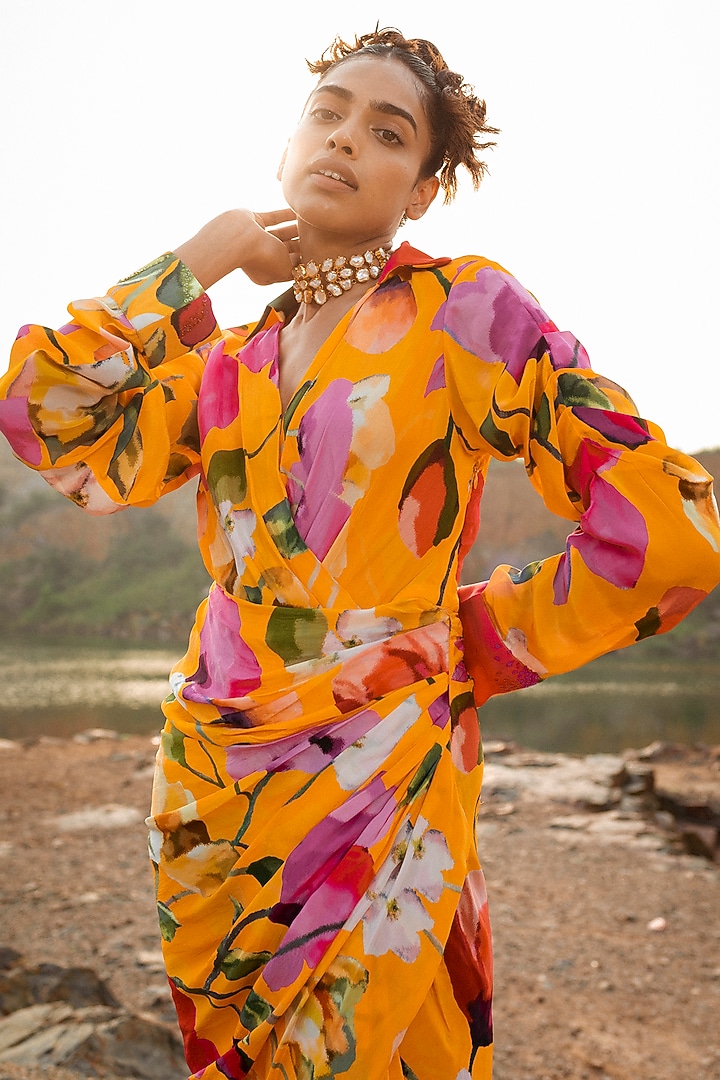Mustard Crepe Floral Printed Draped Vacation Dress by RUHR INDIA at Pernia's Pop Up Shop