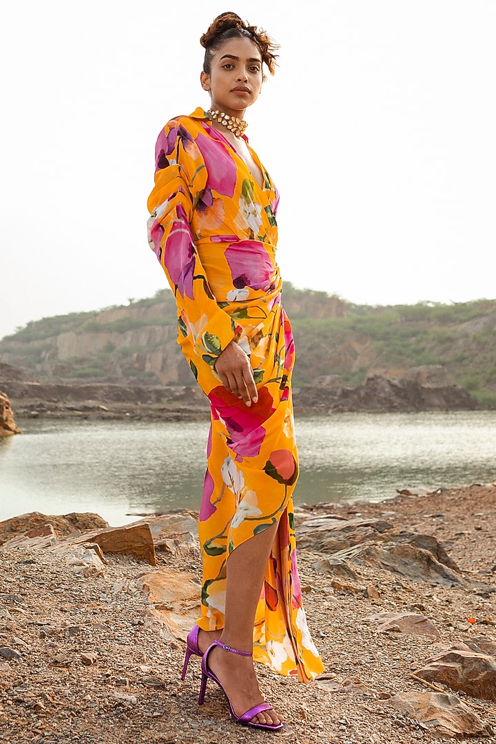 Mustard Crepe Floral Printed Draped Vacation Dress by RUHR INDIA at Pernia's Pop Up Shop
