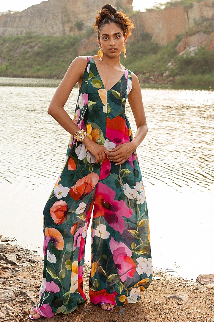 Turquoise Crepe Floral Printed Jumpsuit by RUHR INDIA