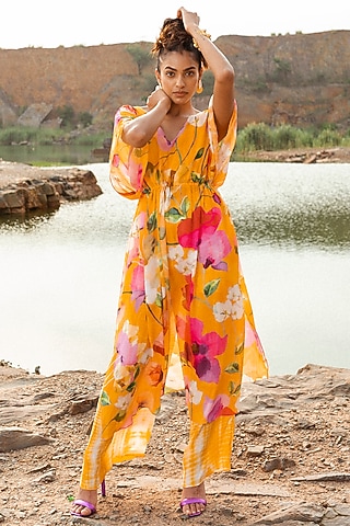 Mustard Chiffon Floral Printed Kurta Set by RUHR INDIA