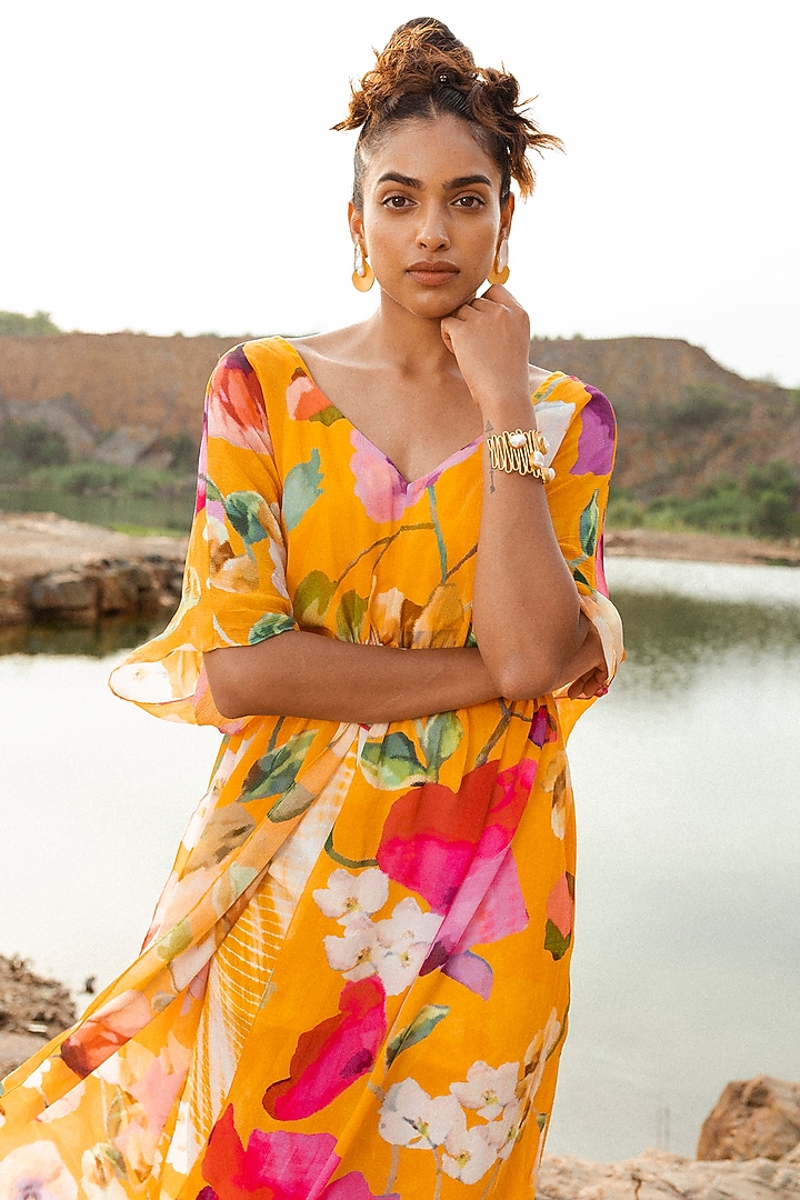 Mustard Chiffon Floral Printed Kurta Set by RUHR INDIA at Pernia's Pop Up Shop