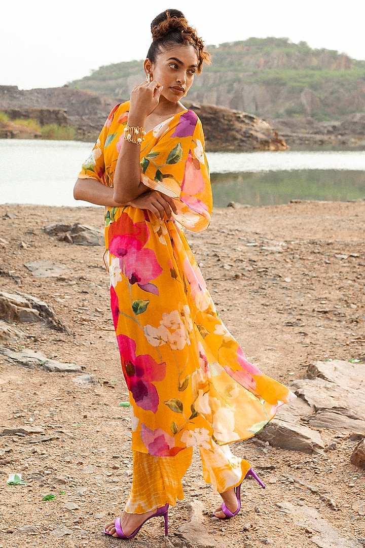 Mustard Chiffon Floral Printed Kurta Set by RUHR INDIA at Pernia's Pop Up Shop