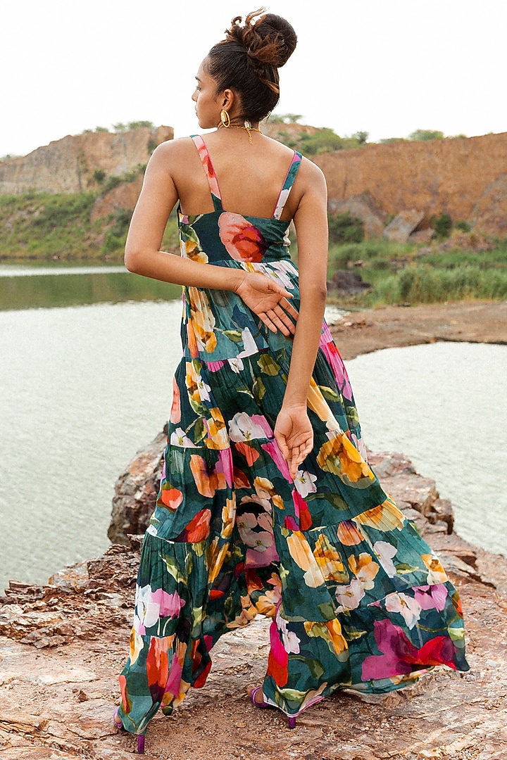 Turquoise Crepe Floral Printed Wedding Anarkali Set by RUHR INDIA at Pernia's Pop Up Shop