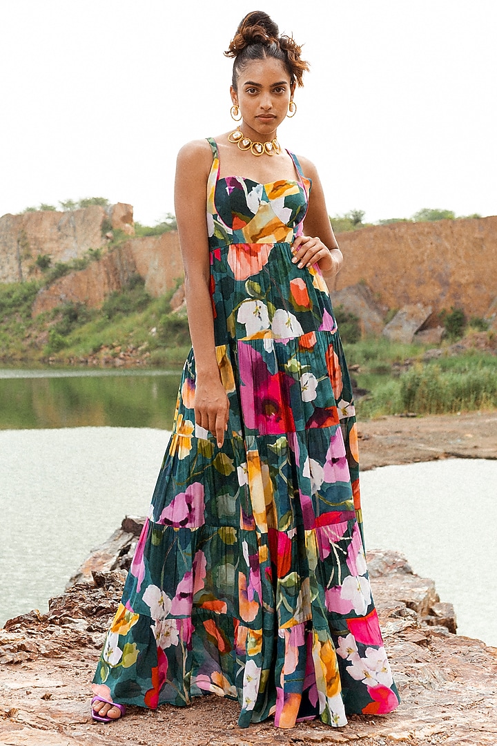 Turquoise Crepe Floral Printed Wedding Anarkali Set by RUHR INDIA at Pernia's Pop Up Shop