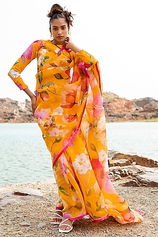 Mustard Yellow Silk Organza Printed Saree Set by RUHR INDIA