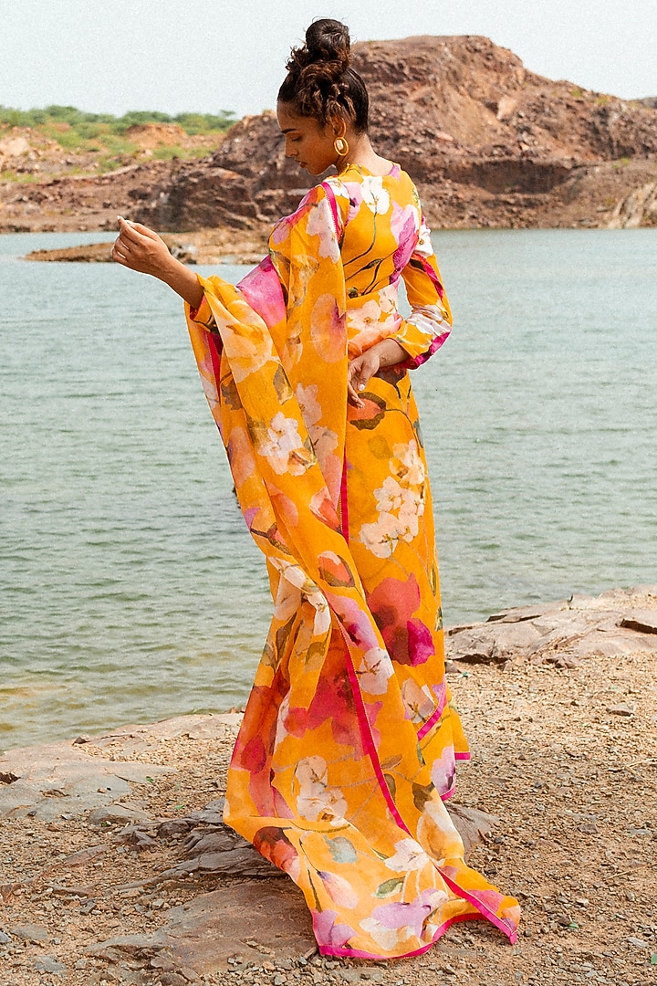 Mustard Yellow Silk Organza Printed Wedding Saree Set by RUHR INDIA at Pernia's Pop Up Shop