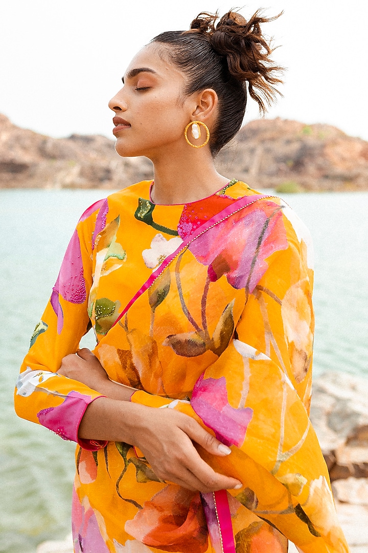 Mustard Yellow Silk Organza Printed Wedding Saree Set by RUHR INDIA at Pernia's Pop Up Shop