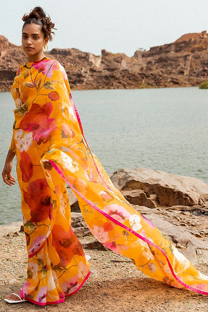 Mustard Yellow Silk Organza Printed Wedding Saree Set by RUHR INDIA at Pernia's Pop Up Shop