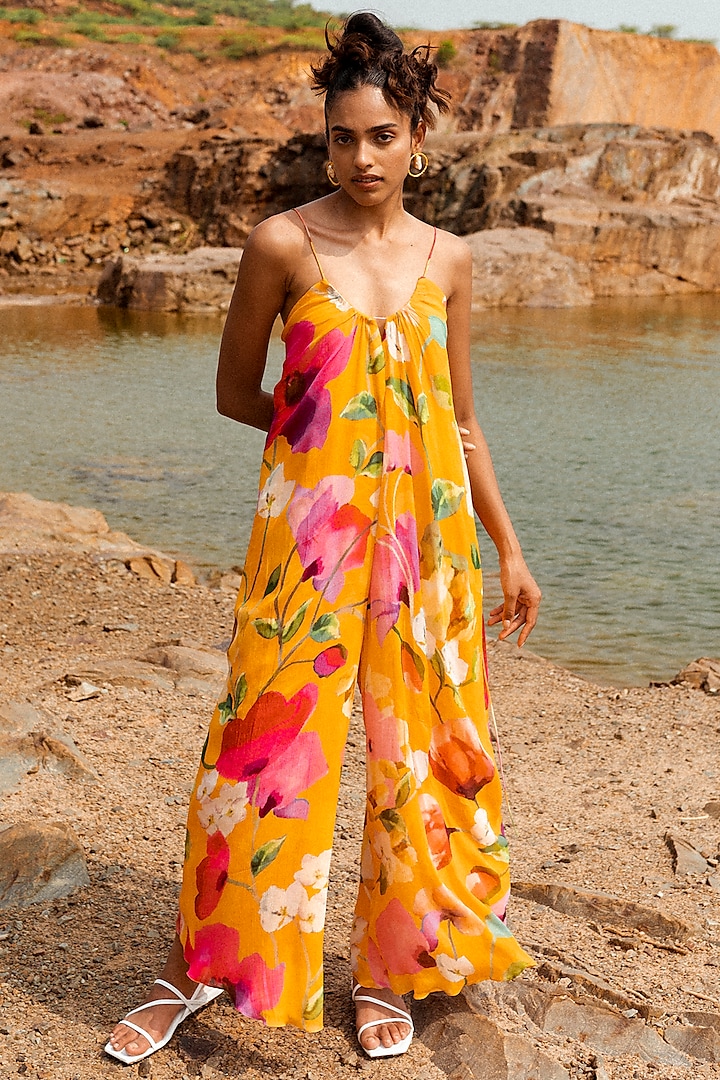 Mustard Chiffon Floral Printed Jumpsuit by RUHR INDIA