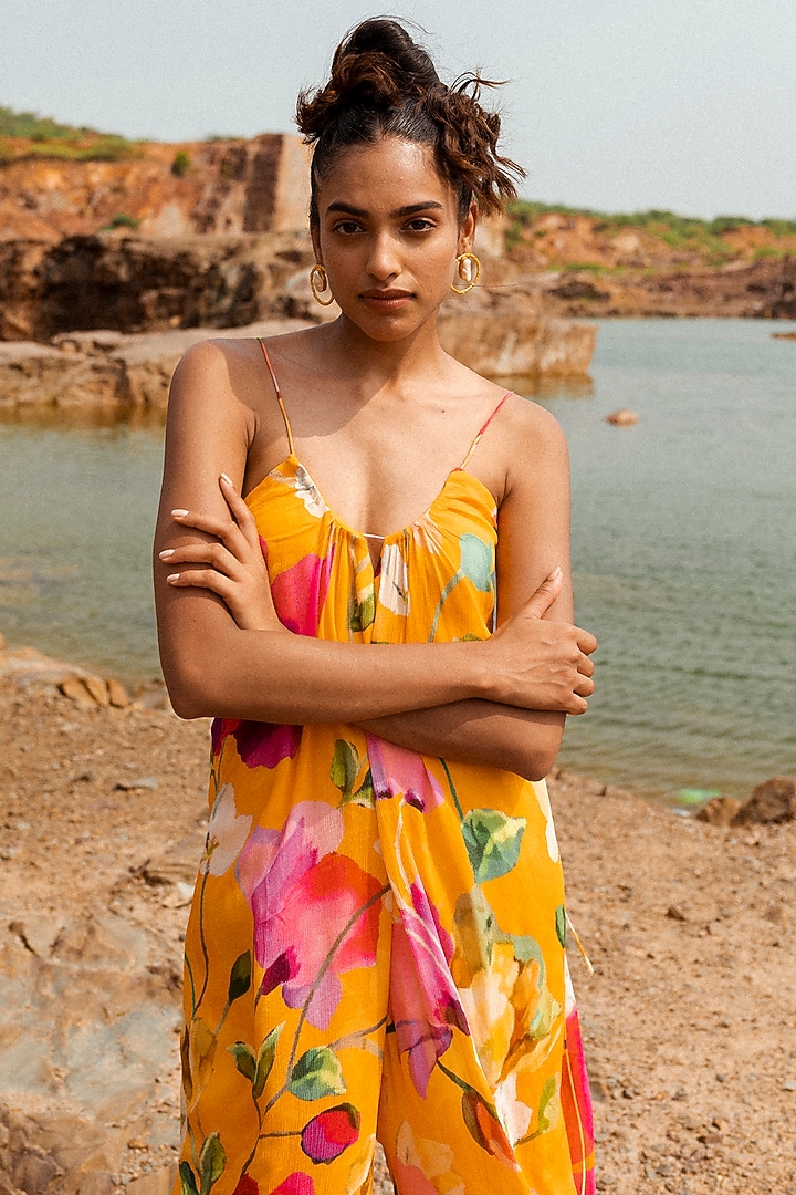 Mustard Chiffon Floral Printed Jumpsuit by RUHR INDIA at Pernia's Pop Up Shop