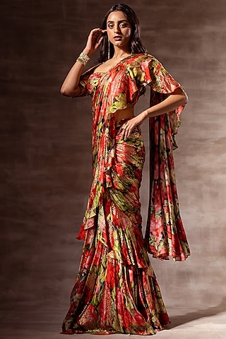 Multi-Colored Chinon Chiffon Digital Printed Ruffled Pre-Stitched Saree Set by RUHR INDIA