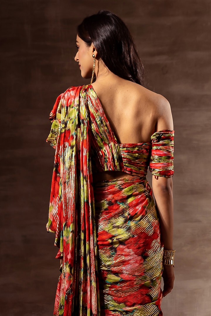 Multi-Colored Chinon Chiffon Digital Printed Ruffled Pre-Stitched Wedding Saree Set by RUHR INDIA at Pernia's Pop Up Shop