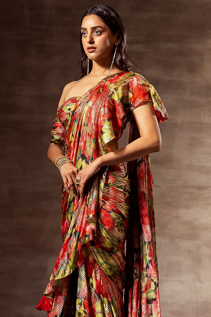 Multi-Colored Chinon Chiffon Digital Printed Ruffled Pre-Stitched Wedding Saree Set by RUHR INDIA at Pernia's Pop Up Shop