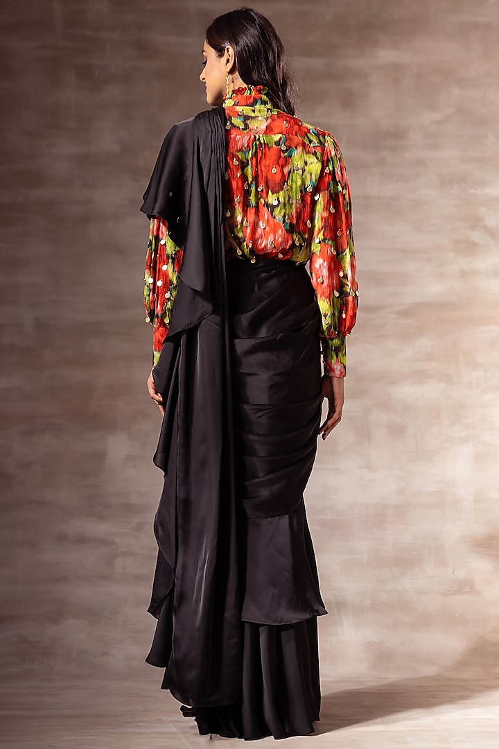 Black Georgette Pre-Draped Festive Saree  by RUHR INDIA at Pernia's Pop Up Shop