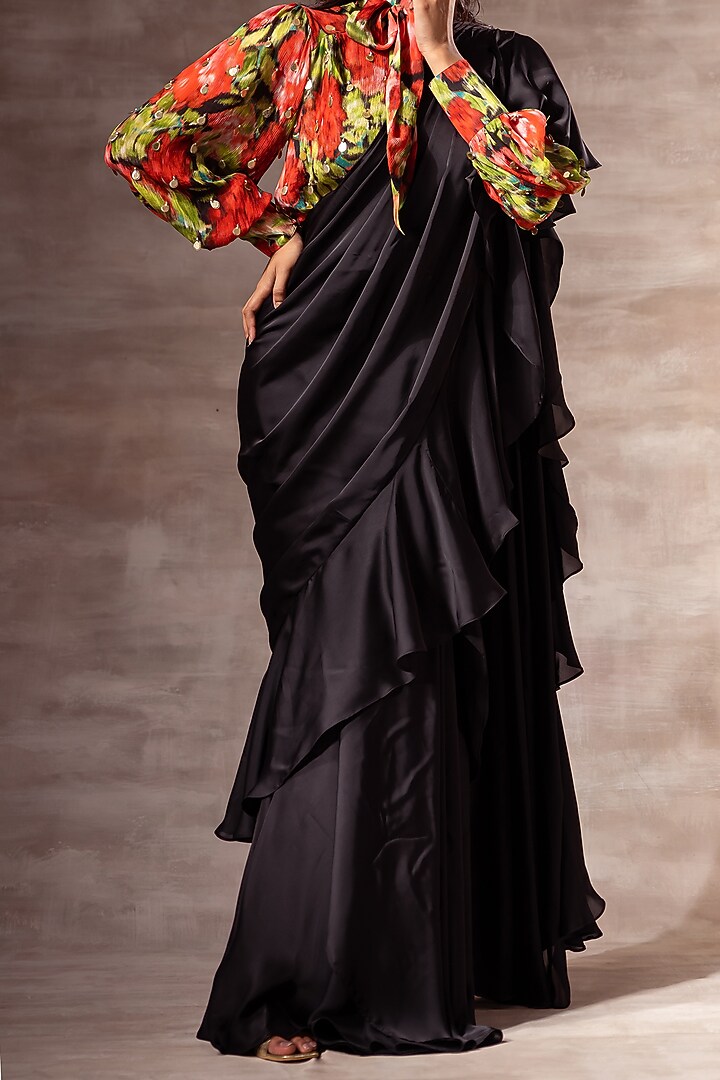 Black Georgette Pre-Draped Festive Saree  by RUHR INDIA at Pernia's Pop Up Shop