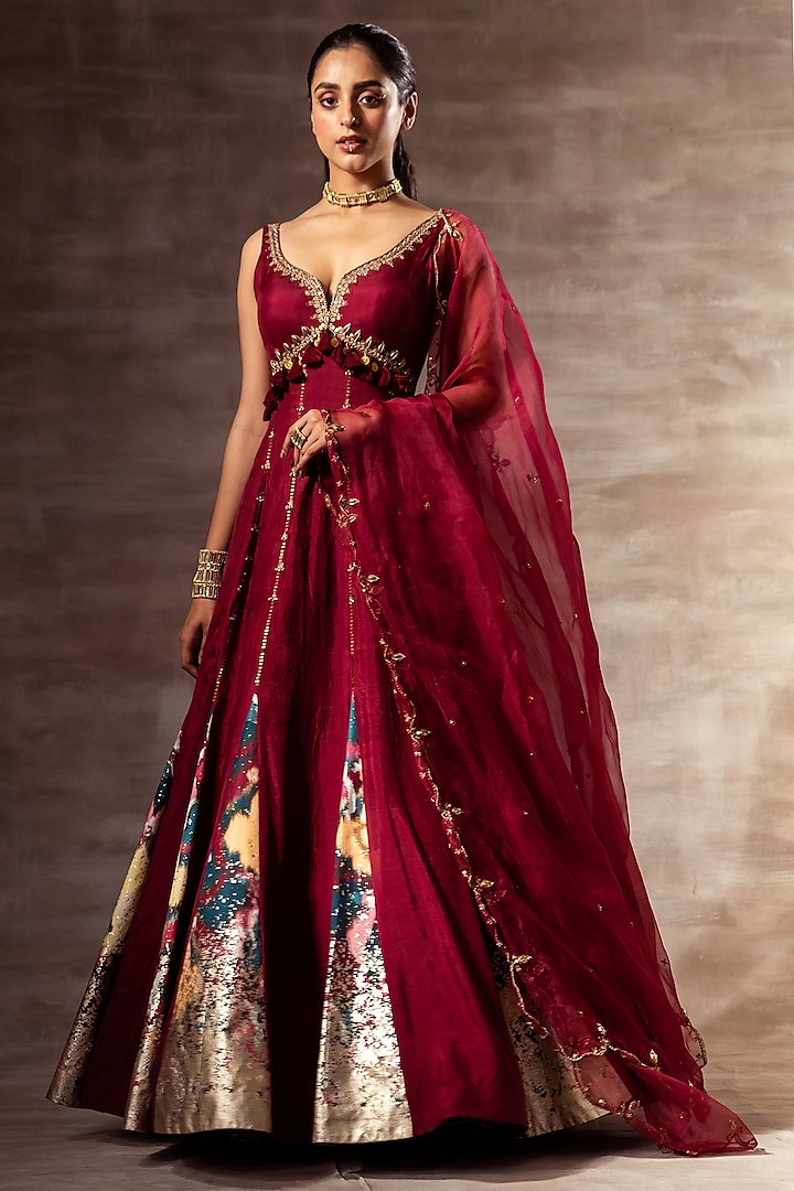 Maroon Embroidered Anarkali Set by RUHR INDIA