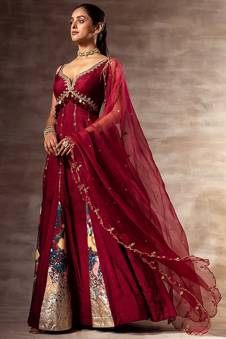 Maroon Embroidered Wedding Anarkali Set by RUHR INDIA at Pernia's Pop Up Shop
