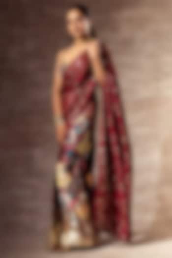 Maroon Printed Pre-Stitched Saree Set by RUHR INDIA