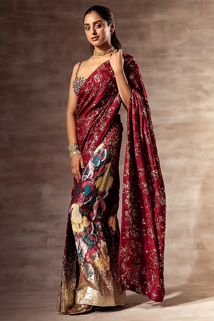 Maroon Printed Pre-Stitched Saree Set by RUHR INDIA